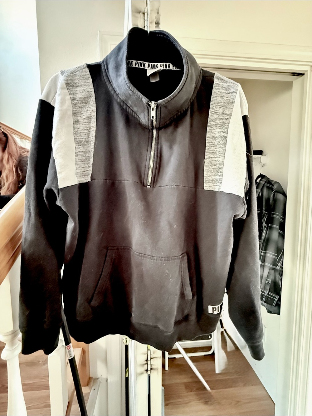 PINK Victoria's Secret Black Half-Zip Pullover with Gray Panels